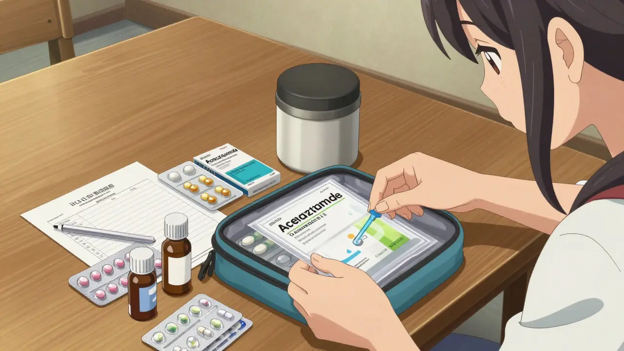 Fille manga organisant sa trousse de premiers soins et médicaments