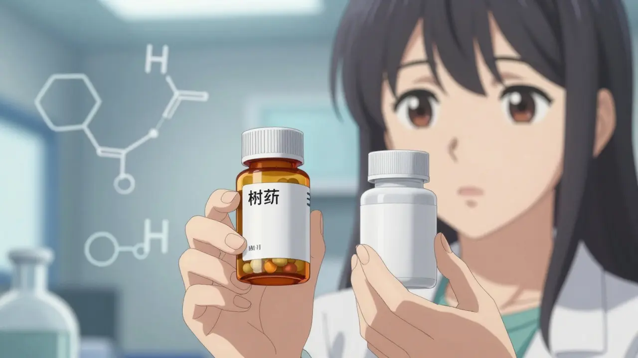 Mains tenant deux flacons de médicaments différents pour comparaison