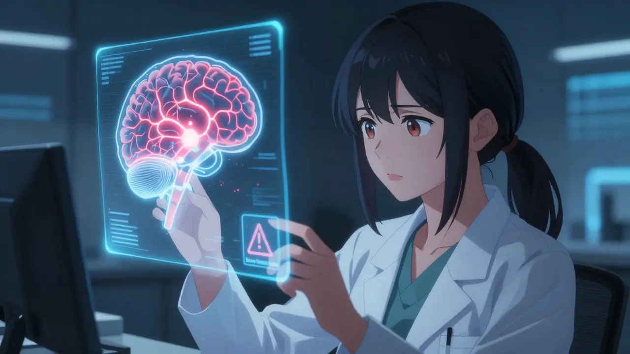 Neurologue anime analysant un cerveau holographique avec des zones à risque
