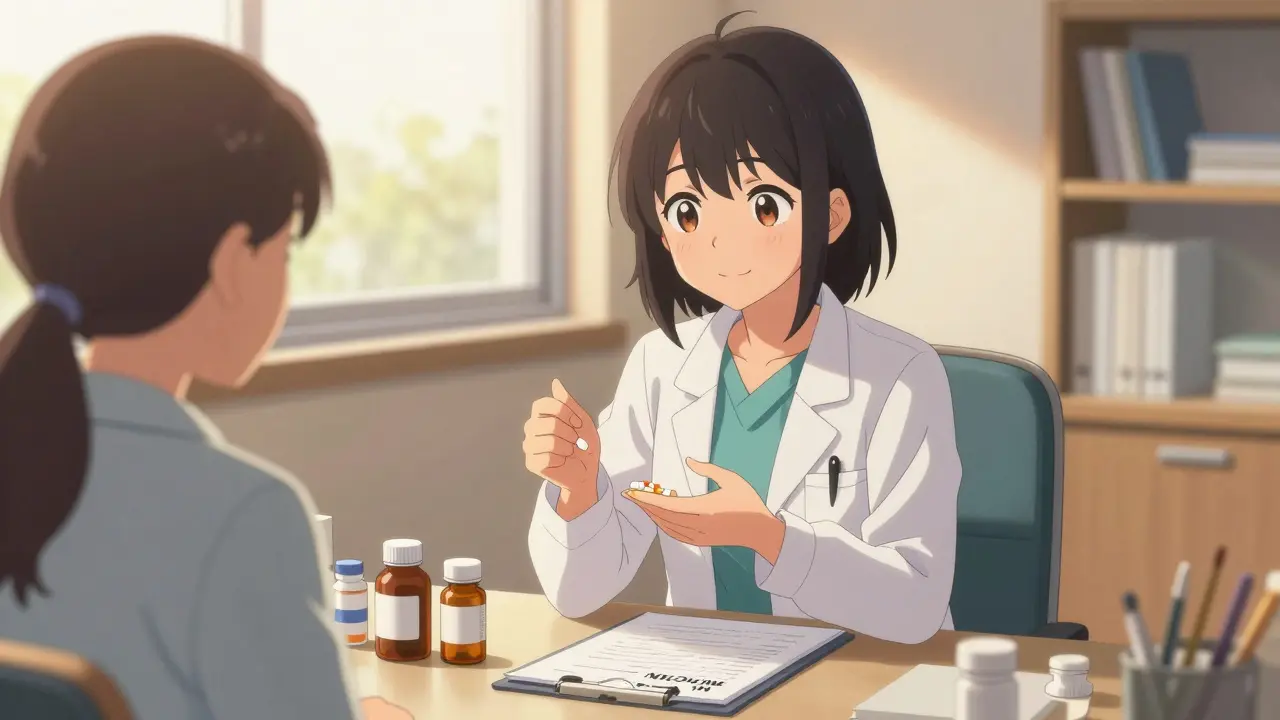 Oncologue anime expliquant l'efficacité des génériques à une patiente