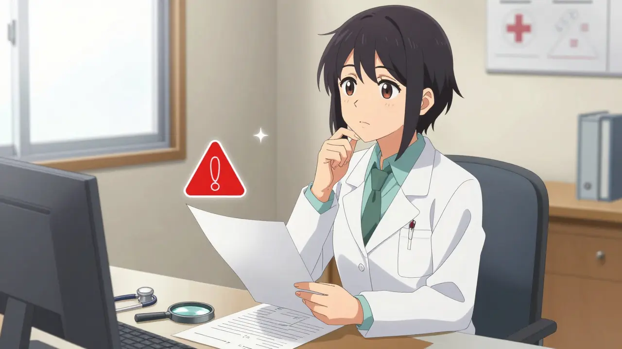 Pharmacienne analysant des alertes sur son bureau