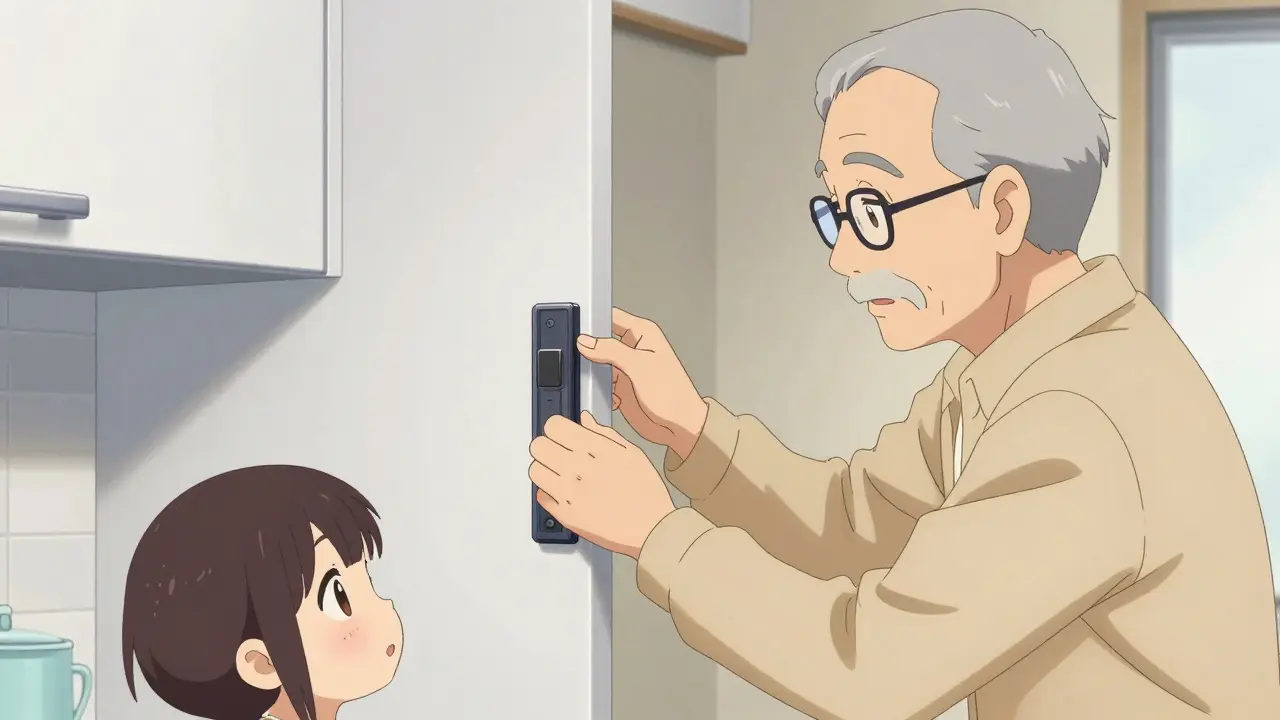 Un grand-père installe une serrure de sécurité sur un placard haut pour protéger les médicaments.