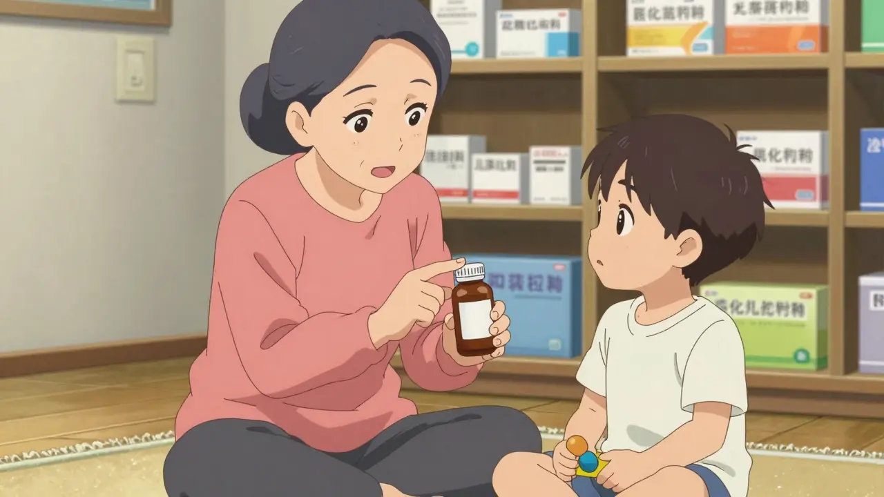 Une grand-mère explique à son petit-enfant que les médicaments ne sont pas des jouets.