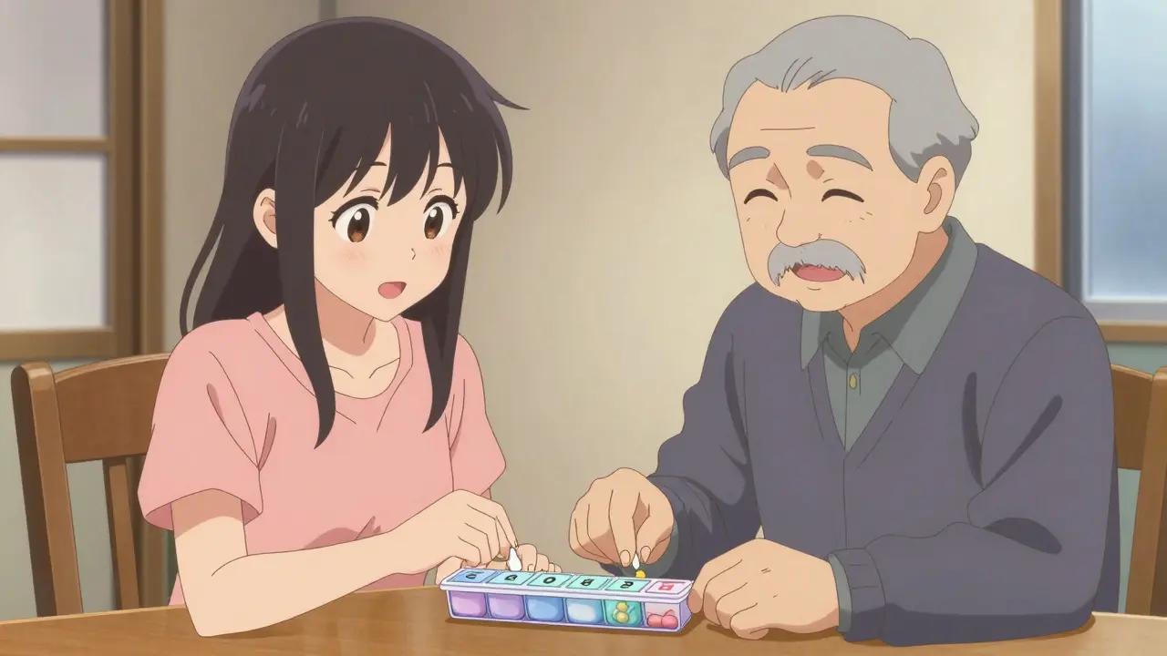 Famille anime remplissant un pilulier ensemble
