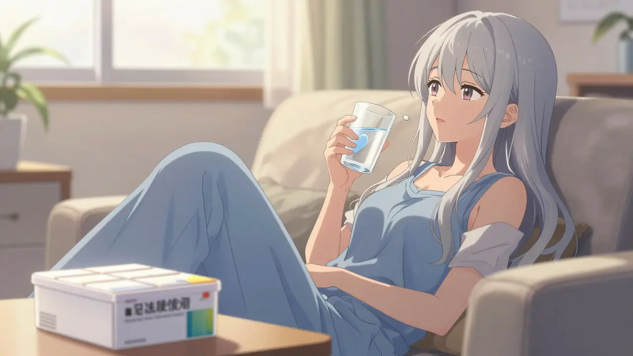 Femme anime prenant son médicament dans un salon calme