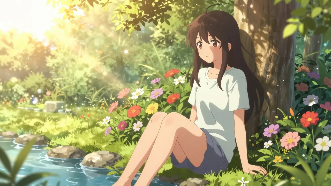 Femme anime sereine dans un jardin au lever du soleil