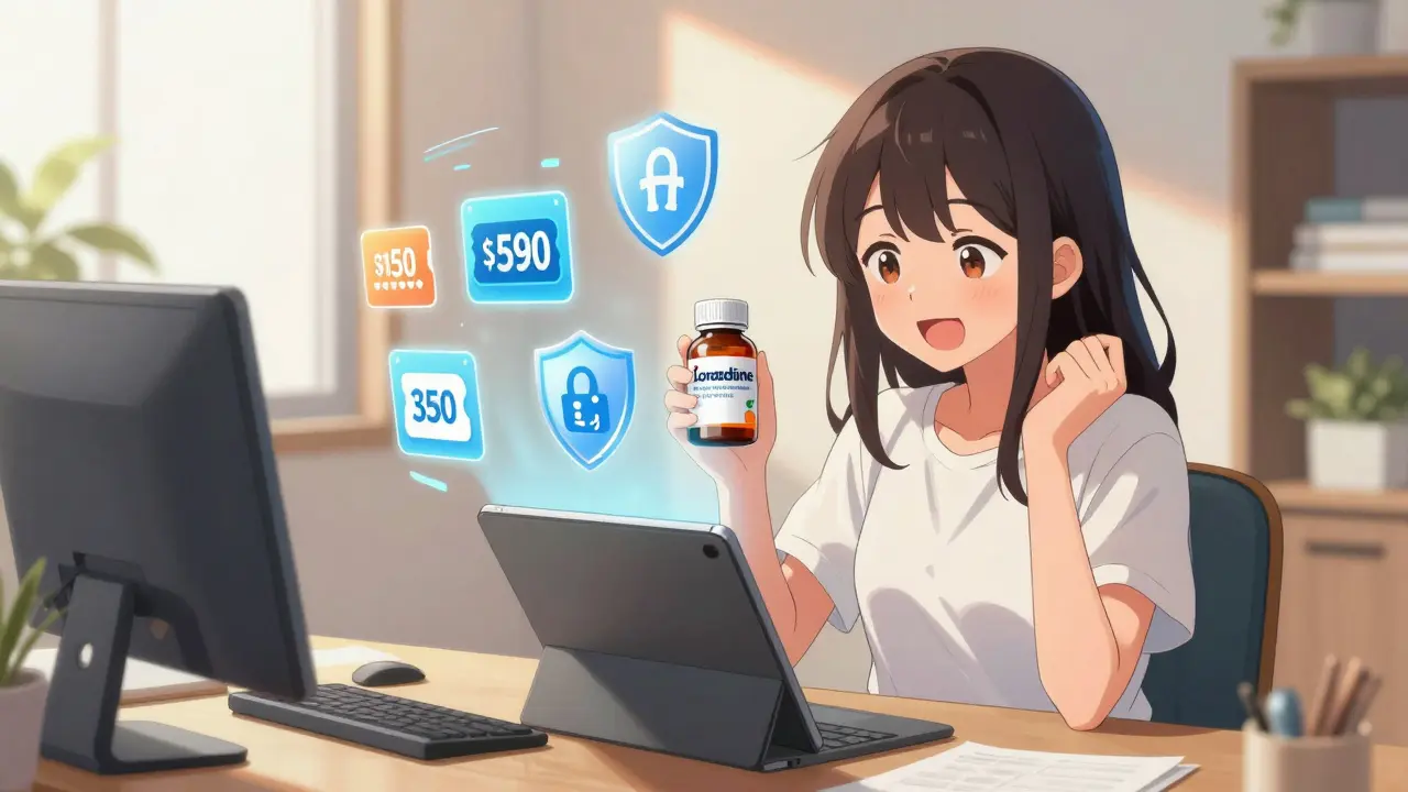 Femme heureuse commandant des médicaments en ligne