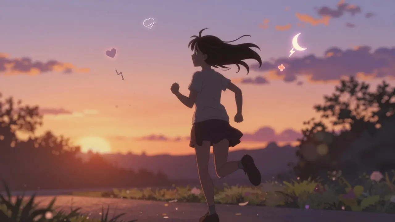 Fille anime courant joyeusement dans un parc au coucher du soleil, pleine d'énergie