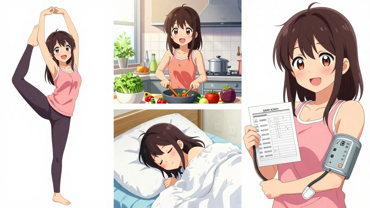 Illustration manga montrant quatre piliers de la santé : sport, cuisine, sommeil et santé