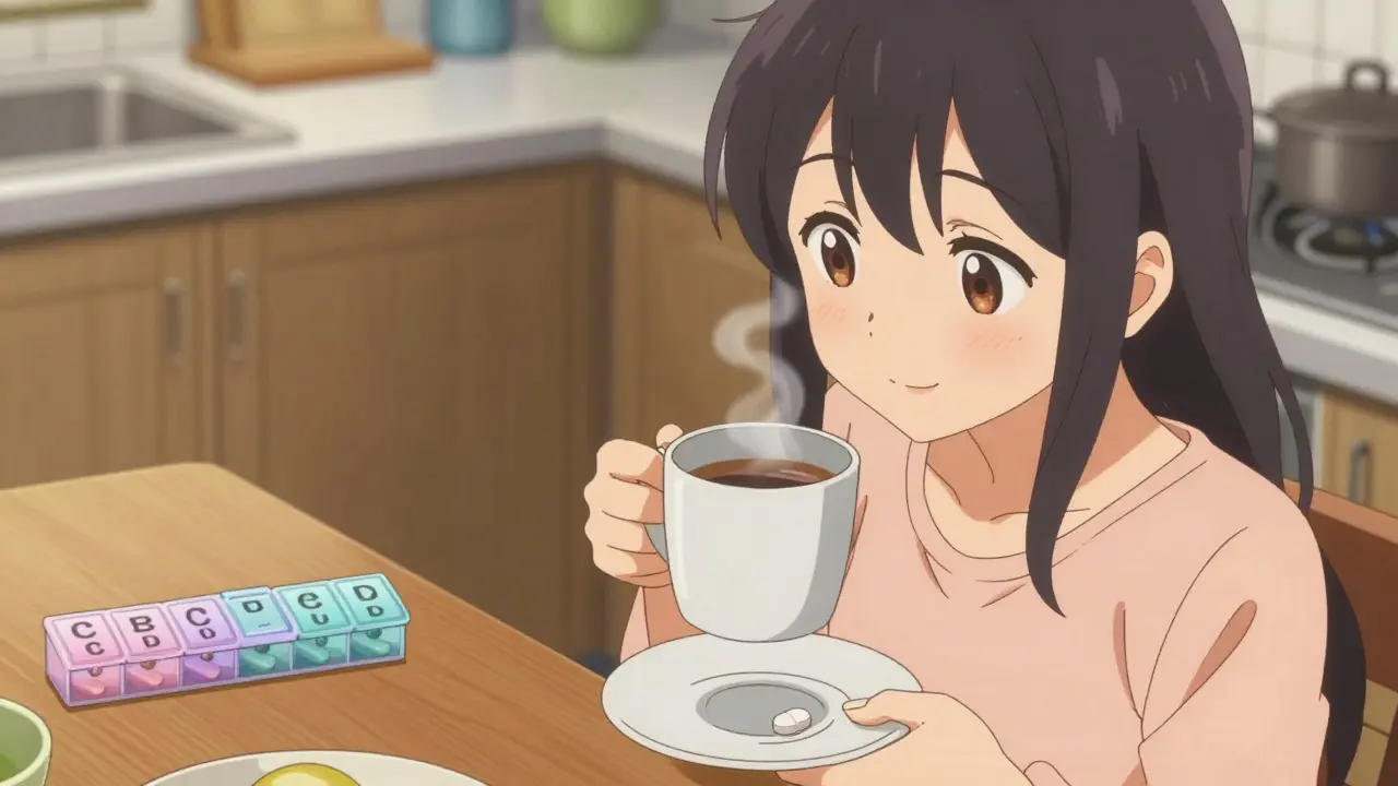 Personnage anime prenant un médicament avec son café