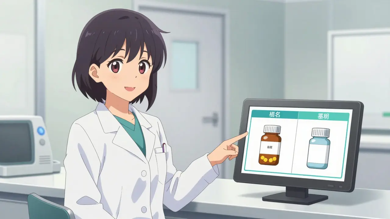 Pharmacienne anime expliquant les différences de prix sur une tablette