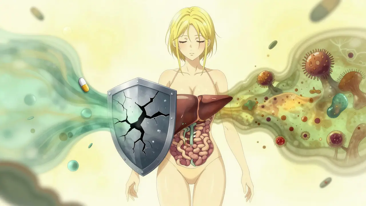 Représentation artistique du foie sous stress hépatique et médicaments