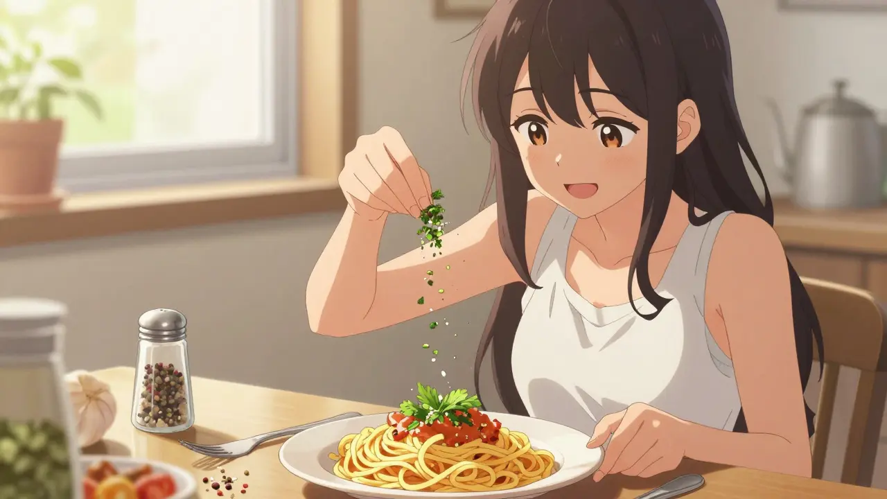 Femme heureuse préparant un repas sain sans sel ajouté