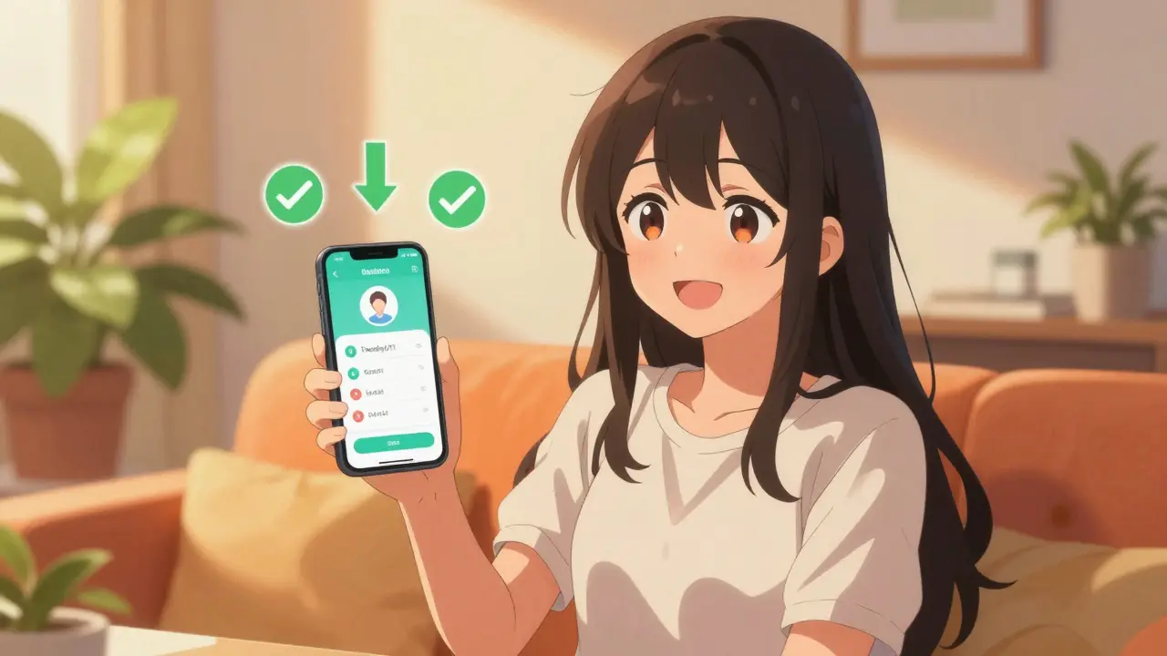 Femme souriante utilisant la téléconsultation sur son smartphone à la maison