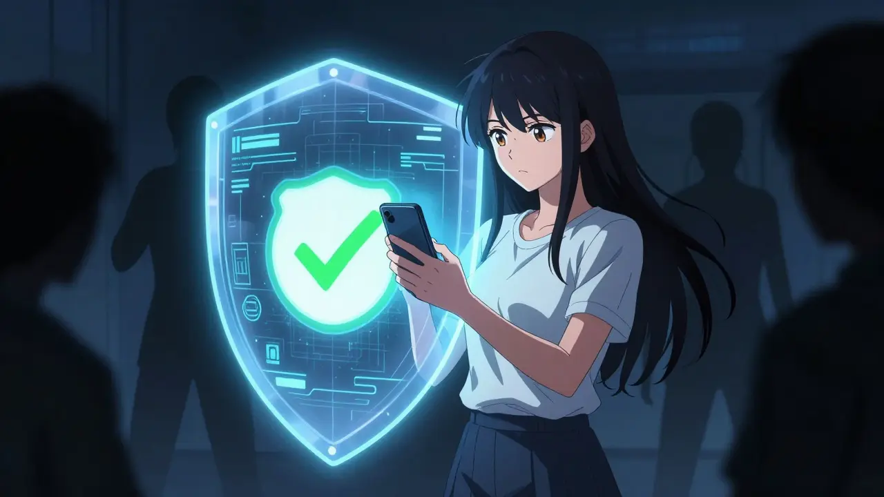 Fille anime protégée par un bouclier numérique contre les arnaques pharmaceutiques