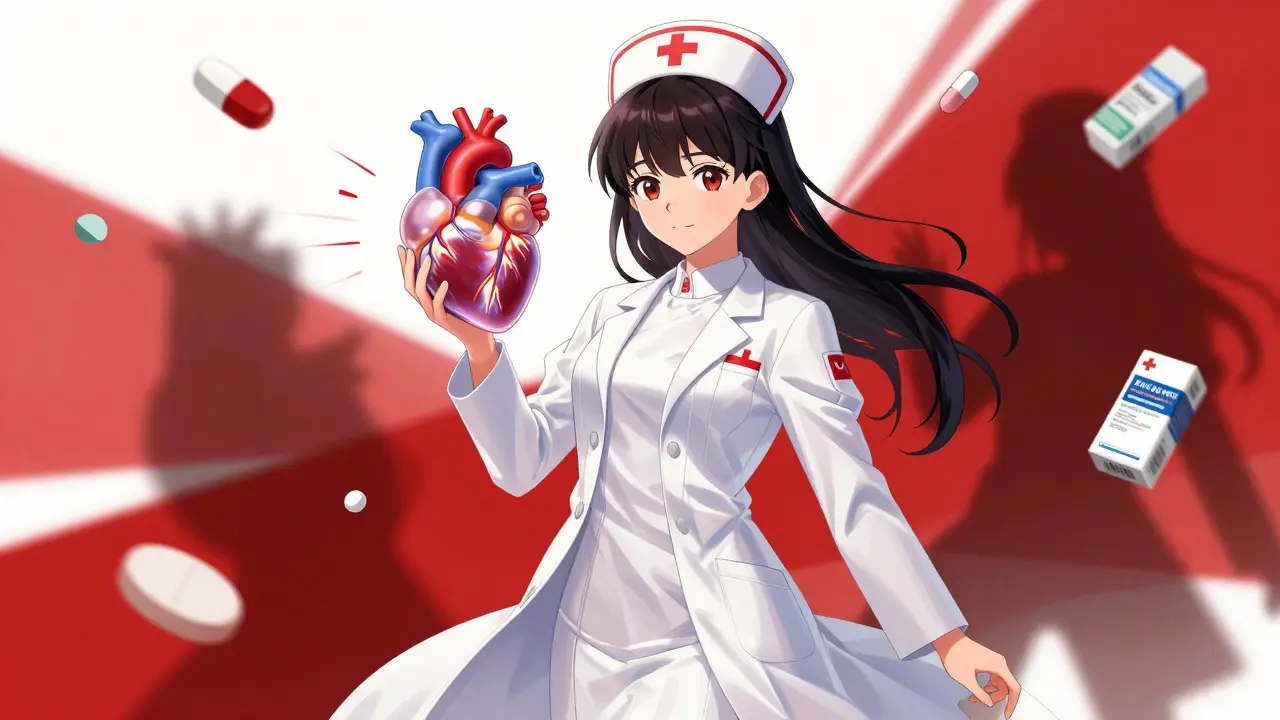 Infirmière anime repoussant les médicaments coupables près d'un cœur