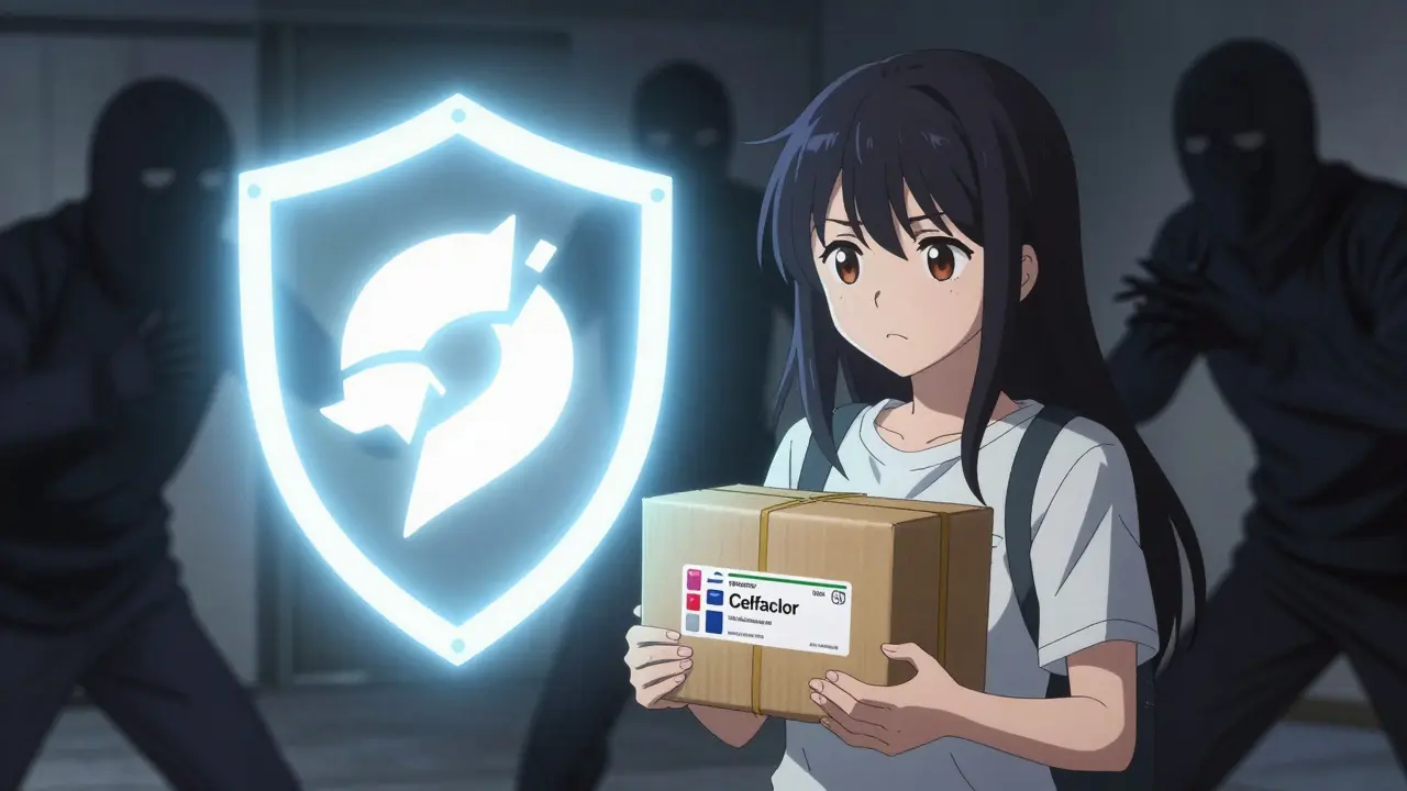 Jeune femme anime protégée par un bouclier contre les arnaques lors de la réception de son colis médical.
