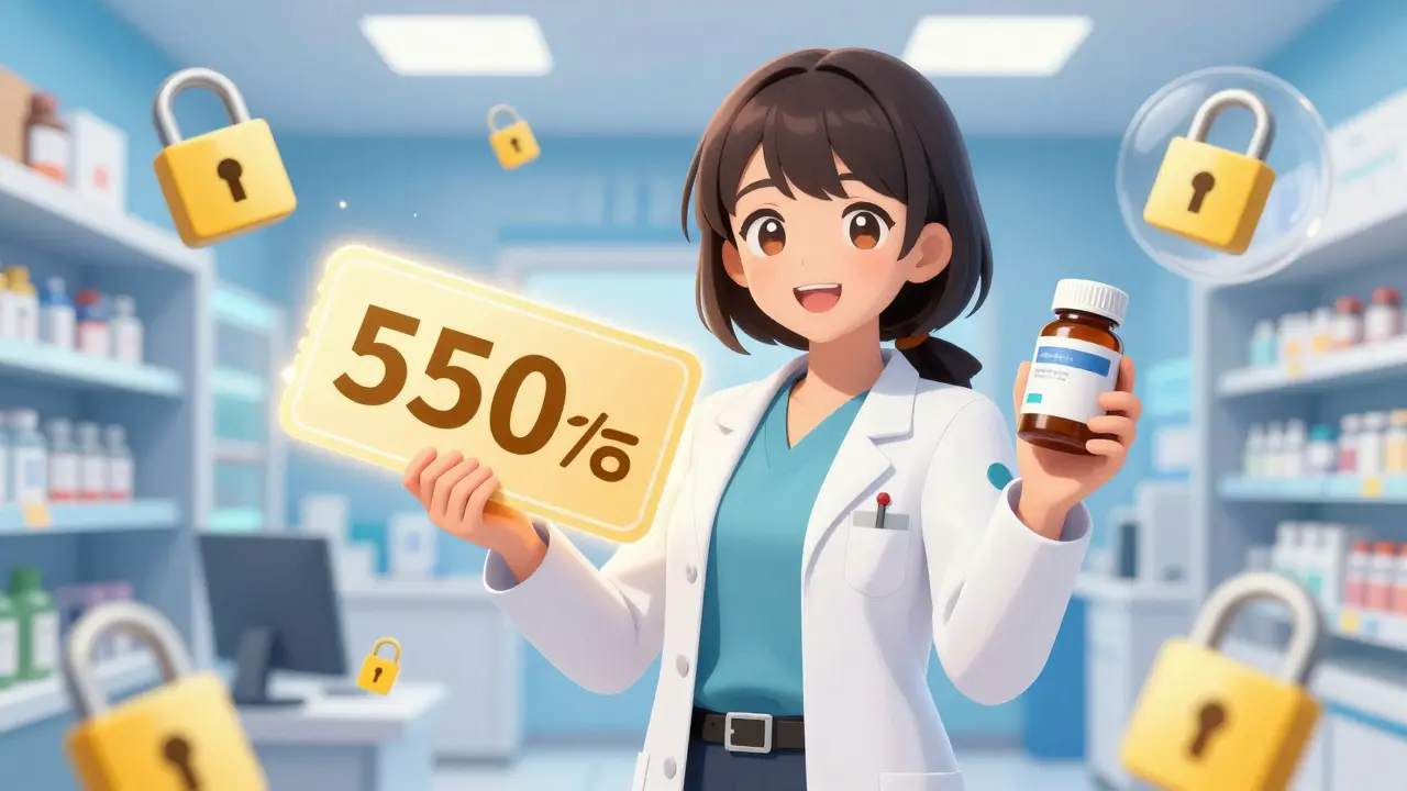 Personnage manga pharmacien tenant un médicament et un bon de réduction lumineux
