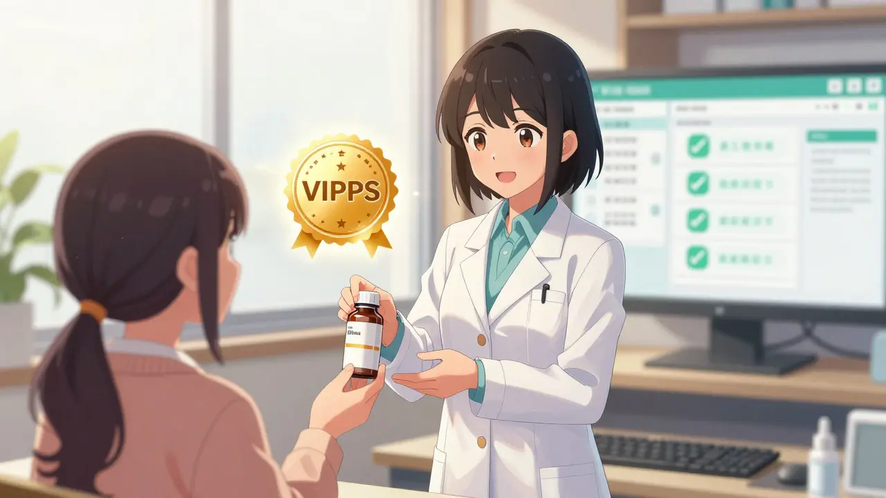 Pharmacien souriant offrant un médicament sûr via une plateforme certifiée